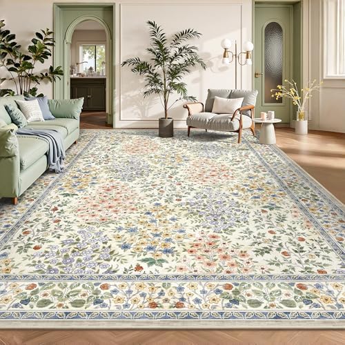 8x10 Area Rugs, Machine Washable Low Pile Floral Rugs for Living Room, Bedroom, Large Boho Area Rug with Non-Slip Backing for Dining Room(Beige Floral)