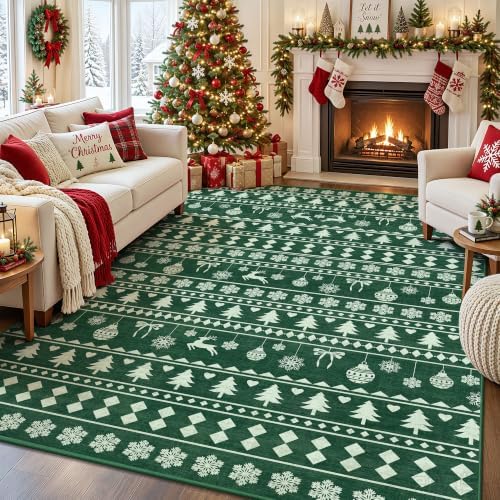 5x7 Christmas Holiday Area Rug, Washable Non‑Slip Low‑Pile Xmas Large Rugs for Living Room Bedroom Dining Room, Winter Indoor Christmas Home Decor(Green Sweater Bauble)