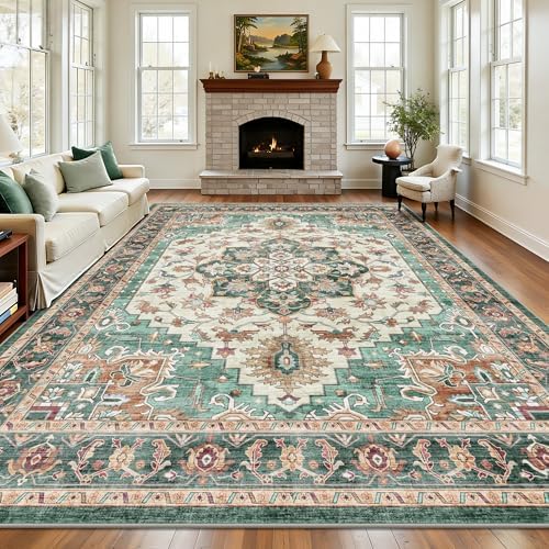 8x10 Area Rugs for Living Room - Washable Rug Vintage Distress Boho Medallion Rugs for Bedroom, Soft Non-Slip Backing Low Pile Carpet for Dining Room Office Nursery Dorm Home, Green Brown