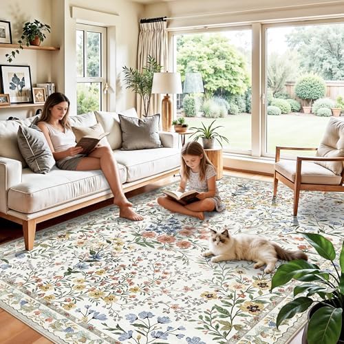 YOUFORTONG 6x9 Area Rug Dining Room: Washable Mat for Living Room Bedroom Office High Traffic Area - Soft Non Slip Indoor Carpet for Vintage Farmhouse Home Decor (6x9, Beige)
