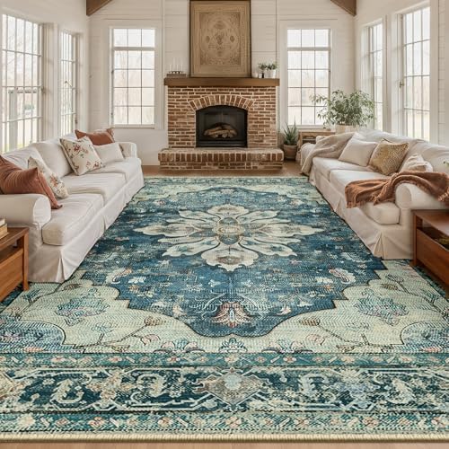 RELEANY Washable Area Rug, Large 10'x12', Blue/Vintage Dark Blue