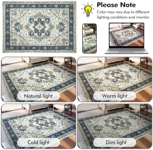 Area Rugs for Living Room 9x12 - Large Machine Washable Vintage Oriental Soft Rug, Low Pile Thin Carpet with Non Slip Backing for Bedroom, Dorm, Under Dining Room Table, Indoor House, Office Decor