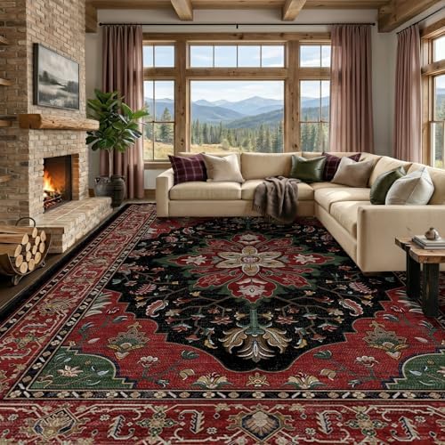RELEANY Washable Area Rug, Large 10'x14', Red/Black