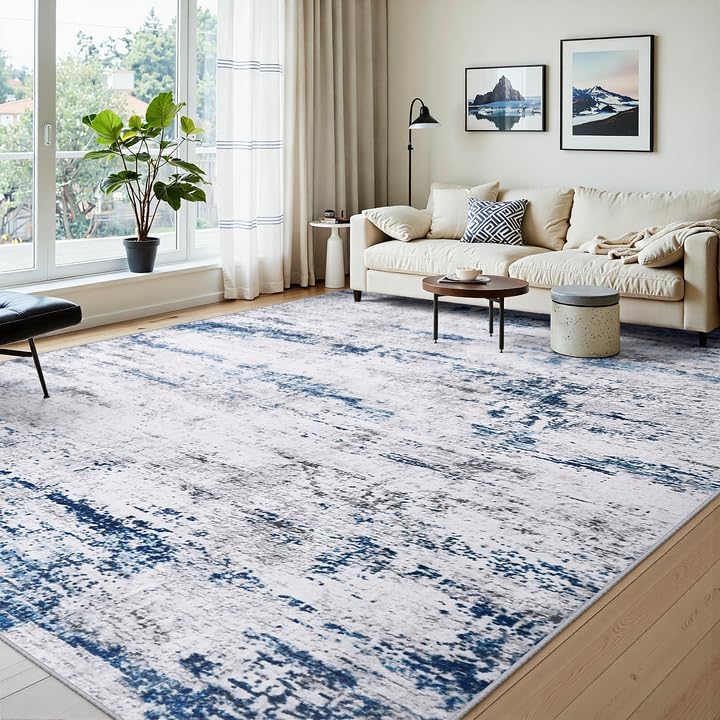 9x12 Area Rugs for Living Room Large Washable Abstract Rug White Gray Blue