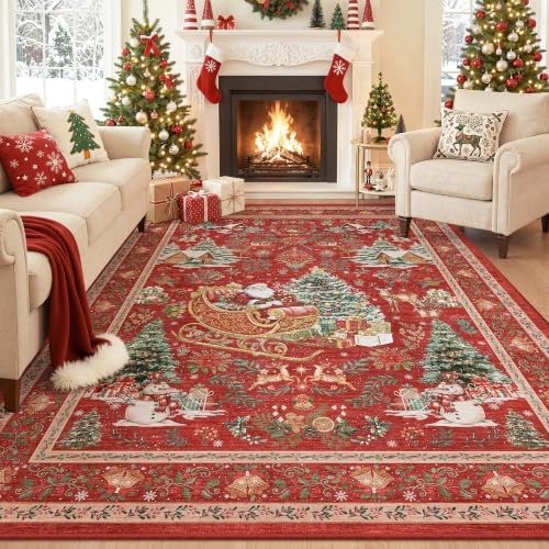 zesthome 6x9 Christmas Door Mat for Bathroom, Washable Red Christmas Rug