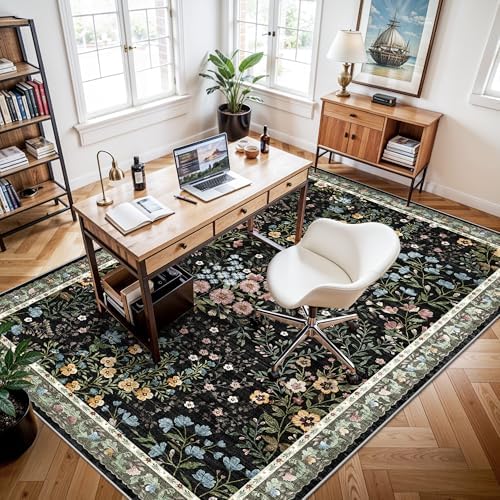 YOUFORTONG 6x9 Dining Room Area Rug: Washable Mat for Living Room Bedroom Office High Traffic Area - Soft Non Slip Indoor Carpet for Vintage Farmhouse Home Decor (6x9, Black)