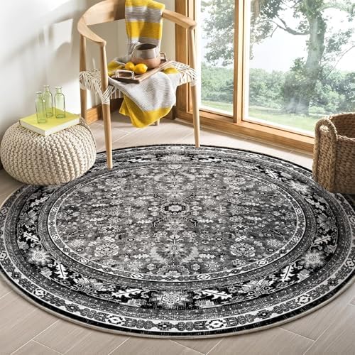 OPPODREAM Vintage Black Area Rugs 5' Round, Washable Rug for Living Room