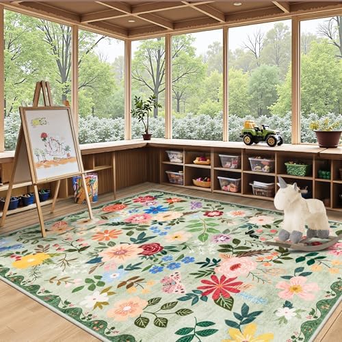 PLHXFR 6x9 Area Rug Living Room: Floral Washable Boho Soft Carpet Green