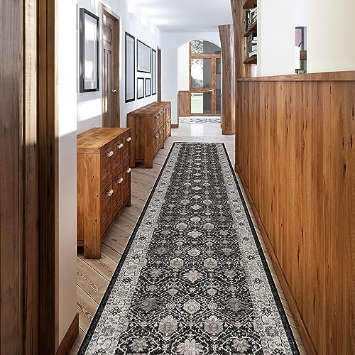 Hallway Washable Runner Rug - 2'6x12 Kitchen Rugs Entryway Rug Runner Vintage Soft Floor Mat Non Slip Indoor Farmhouse Carpet for Bathroom Living Room Bedroom (2'6''x12', Black)