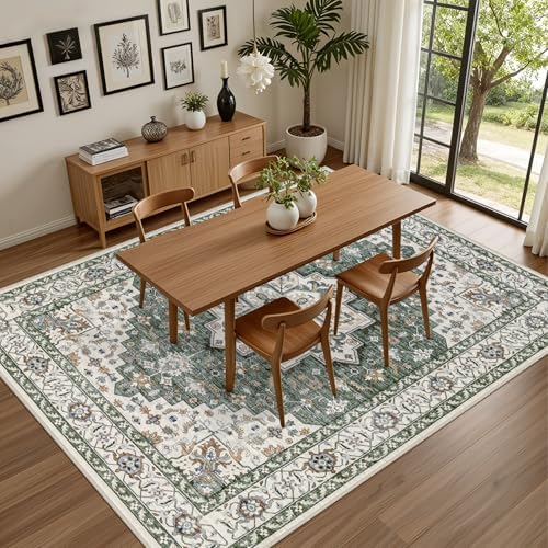 9x12 Area Rugs Living Room: Washable Rug for Bedroom Green Ivory