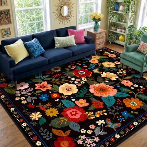 RELEANY Floral Washable 8x10 Area Rugs Black