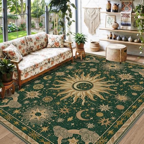 Vacuum-Friendly, 6x9 Washable Area Rug, Green Gold Yellow