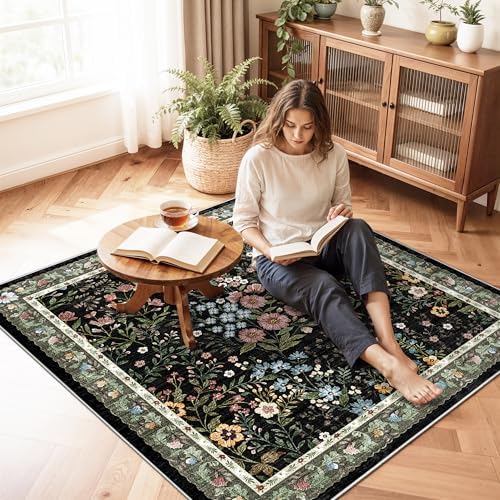 4x4 Square Entry Rug Entryway Foyer: Non-Slip Floral Washable Rugs for Living Room Indoor Floor Kitchen Bedroom - Soft Thin Doormat Carpet Boho Vintage Home Decor (4ft Square, Black)