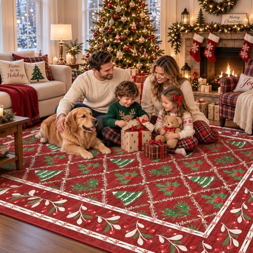Red Christmas Area Rug 6x9 for Living Room, Bedroom, Playroom, Nursery Indoor Christmas Decorations Machine Washable Low Pile with Non-Slip Backing (Xmas Red)