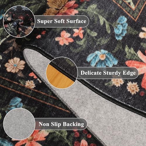 DUKINO 3x6 Kitchen Runner Rug, Washable Vintage Floral Area Rug, Black