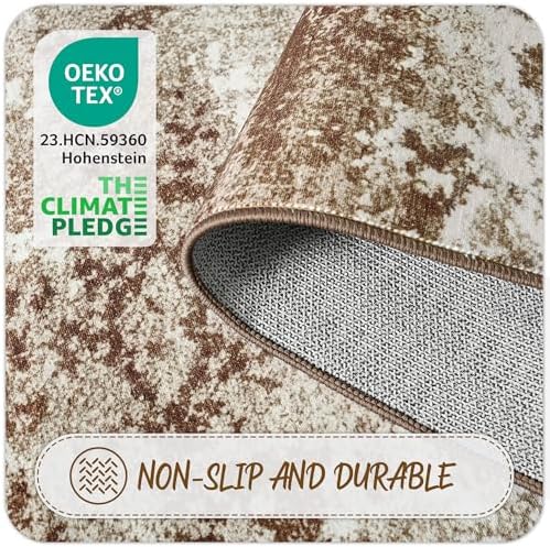 Brown Round Area Rugs 4ft Washable Circle Rug for Entryway Kitchen, Non Slip Soft Low Pile Stain Resistant, Boho Circular Carpet for Living Room Bedroom Dorm Dining Room Table, Abstract Coffee