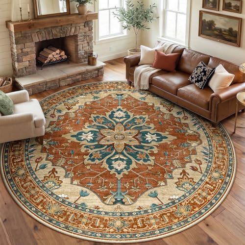 RELEANY Washable Area Rug, Round 8ft, Red/Orange/Blue/Brown