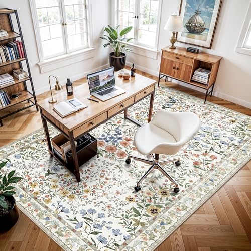 YOUFORTONG 6x9 Area Rug Dining Room: Washable Mat for Living Room Bedroom Office High Traffic Area - Soft Non Slip Indoor Carpet for Vintage Farmhouse Home Decor (6x9, Beige)
