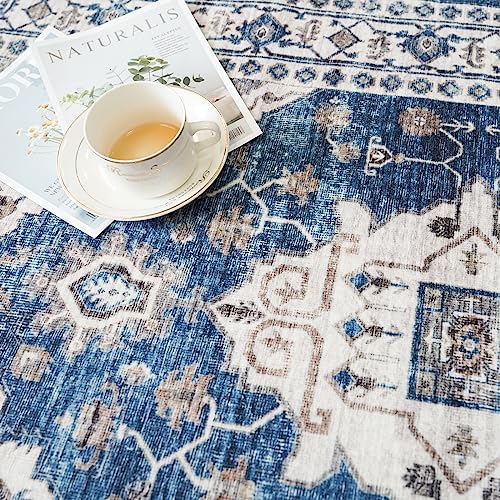 Hallway Washable Runner Rug - 2'6x12 Kitchen Rugs Entryway Rug Runner Vintage Soft Floor Mat Non Slip Indoor Farmhouse Carpet for Bathroom Living Room Bedroom (2'6''x12', Blue)
