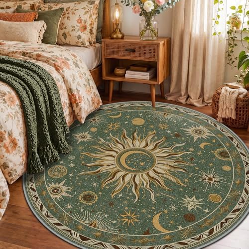 Vacuum-Friendly, Round 4ft Washable Area Rug, Green Brown