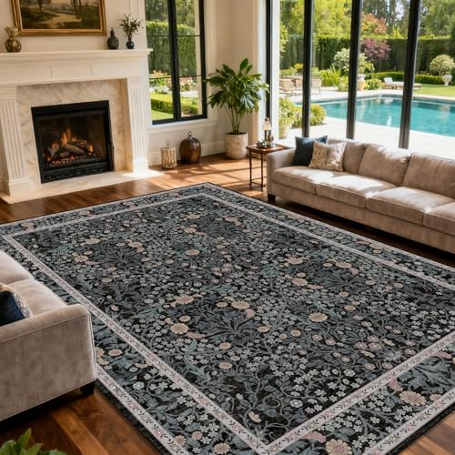 Area Rug for Living Room 10x12 Washable Soft Carpet (Black Flora)
