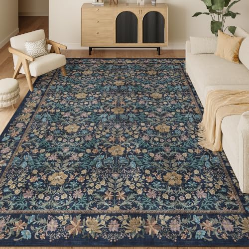 DUKINO 9x12 Area Rug for Living Room, Vintage Floral Washable Rug Dark Blue