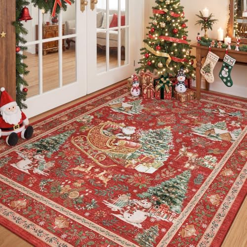 zesthome 6x9 Christmas Door Mat for Bathroom, Washable Red Christmas Rug