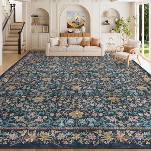 DUKINO 10x14 Rug for Living Room Washable Vintage Floral Area Rug Dark Blue
