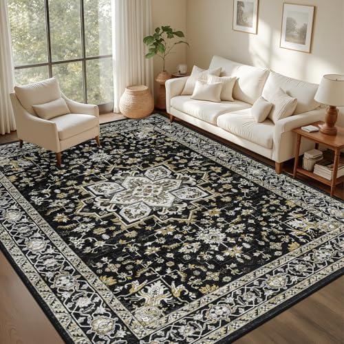 5x7 Area Rugs Living Room: Washable Rug for Bedroom Black Gold