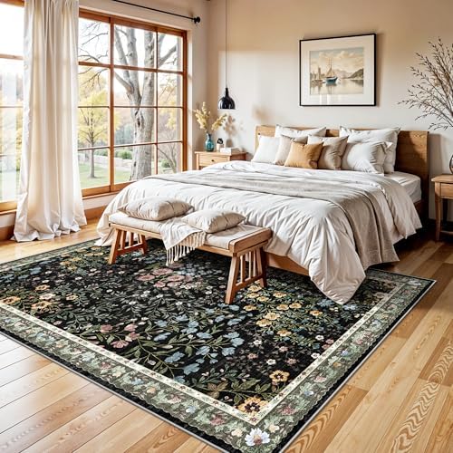 YOUFORTONG 6x9 Dining Room Area Rug: Washable Mat for Living Room Bedroom Office High Traffic Area - Soft Non Slip Indoor Carpet for Vintage Farmhouse Home Decor (6x9, Black)