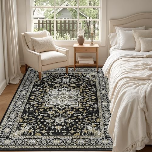 5x7 Area Rugs Living Room: Washable Rug for Bedroom Black Gold
