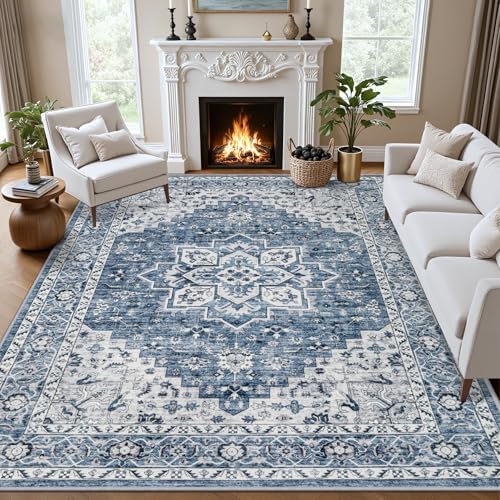 8x8 Area Rugs Living Room: Washable Vintage Rug for Bedroom Blue