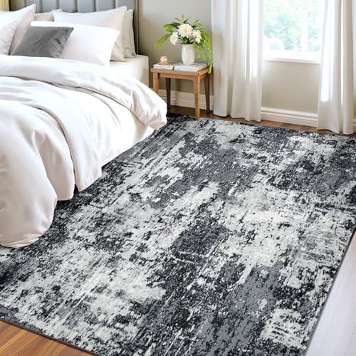 RELEANY Washable 4'x5' Abstract Area Rug for Living Room Black White