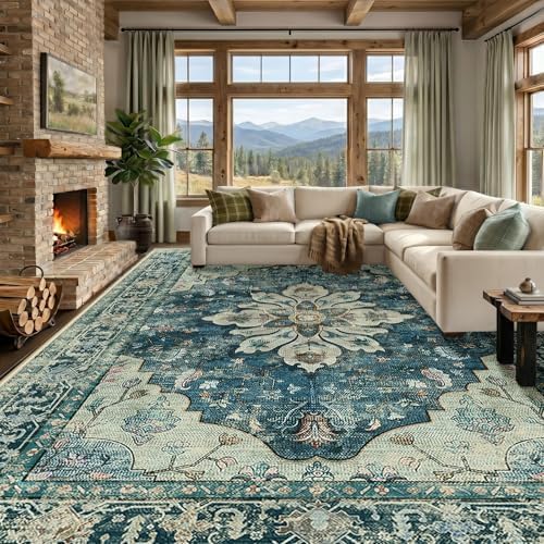 RELEANY Washable Area Rug, Large 9'x12', Blue/Vintage Dark Blue