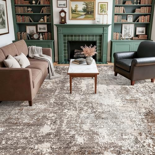 9x9 Square Living Room Area Rug Washable Non-Slip, Brown Beige