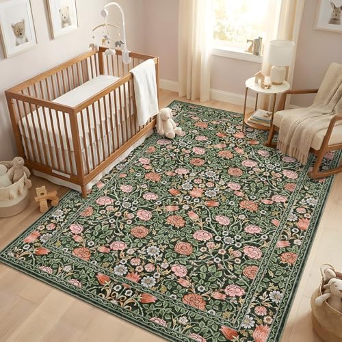 GarveeHome Dark Green Floral 3x5 Area Rug for Nursery Bedroom