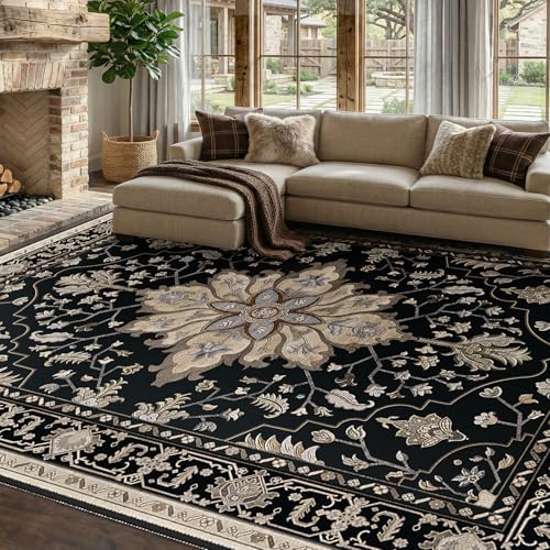 RELEANY Washable Area Rug, 8'x10', Black/Neutral