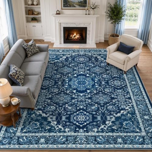 Lessymo Floral 8x10 Area Rugs for Living Room,Large Washable Carpet Blue