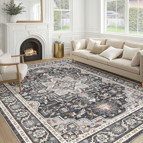 cotiled 10x12 Area Rug for Living Room, Washable, Traditional, Black