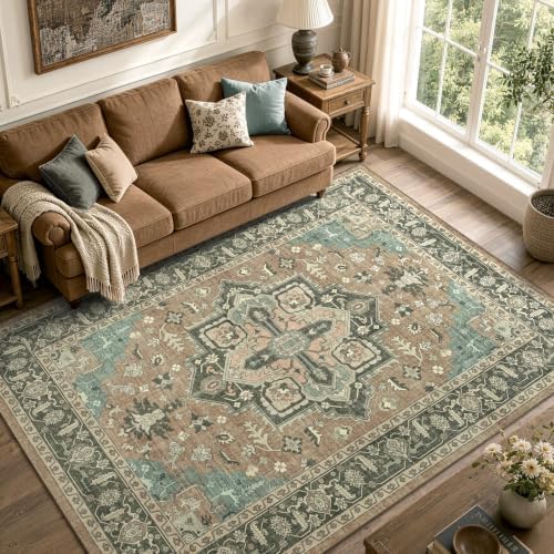 5x7 Ft Area Rugs for Living Room, Soft Non-Slip Machine Washable Rug, Vintage Stain Resistant Carpets for Bedroom Nursery Dining Room Home Decor (Brown)