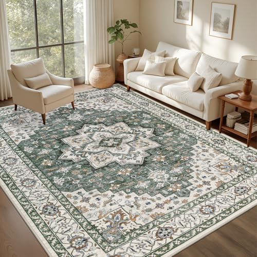 9x12 Area Rugs Living Room: Washable Rug for Bedroom Green Ivory