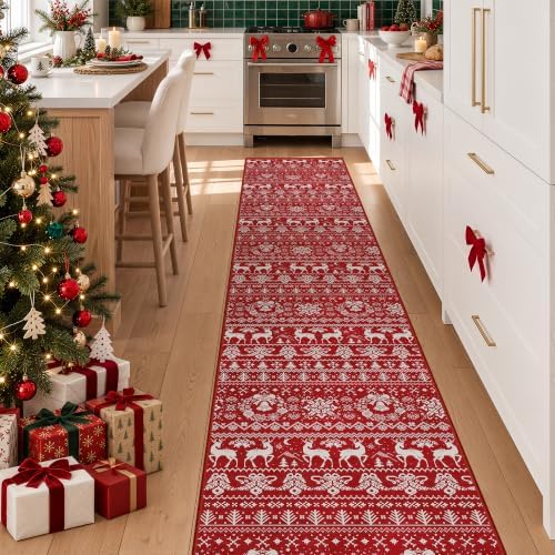 Miukiki 2x12 Christmas Runner Rug for Living Room Washable Hallway Rug Red