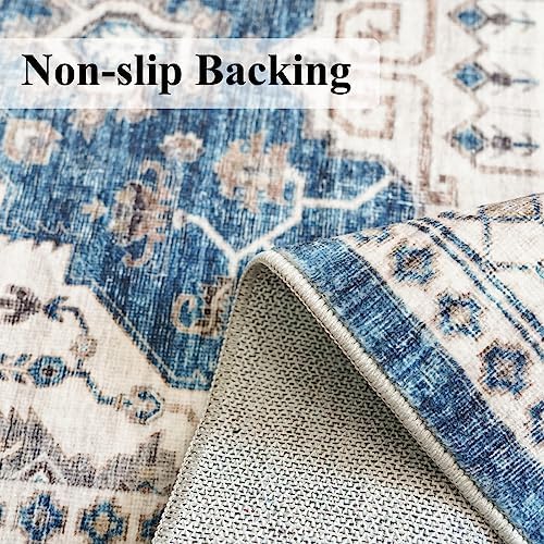 Hallway Washable Runner Rug - 2'6x12 Kitchen Rugs Entryway Rug Runner Vintage Soft Floor Mat Non Slip Indoor Farmhouse Carpet for Bathroom Living Room Bedroom (2'6''x12', Blue)