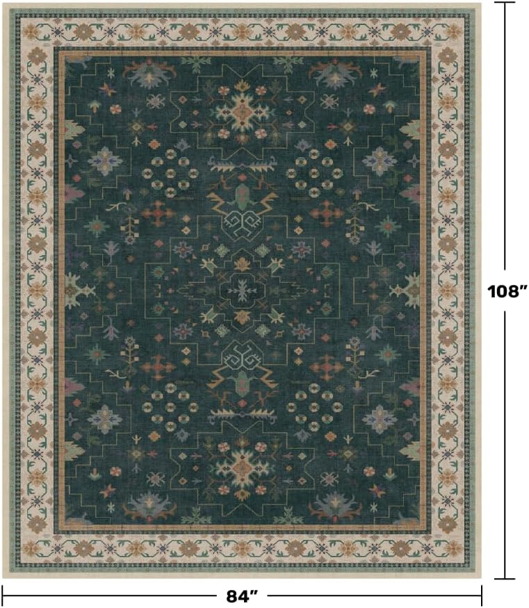 Hazo Haus Vintage Dark Green 7x9 Dining Room Rugs for Under Kitchen Table - Washable Livinig Room Rug - Unique Floral Pastel Low Pile Non-Slip Area Rugs for Bedroom