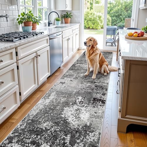 3x12 ft Long Hallway Runner Rug Non-Slip Washable Carpet Runner for Kitchen Entryway Bathroom Modern Abstract Neutral Low-Pile Thin Stain-Resistant Black Grey
