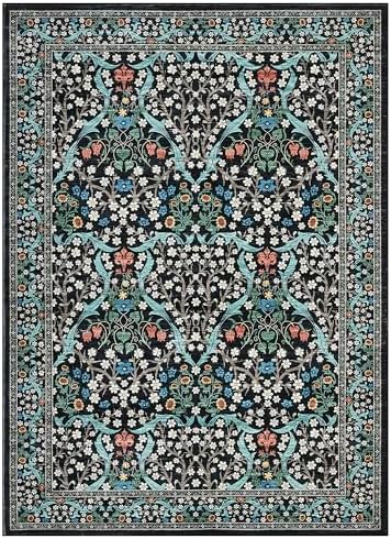 GarveeHome Washable Rug for Living Room, 9x12 Large Area Rug for Dining Room Under Table, Bedroom, Floral Soft Low Pile Non Slip Stain Resistant Carpet for Nursery, Playroom, Office, Black