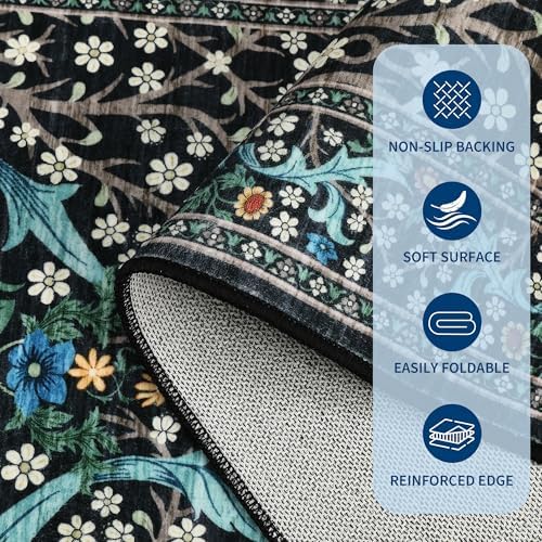 GarveeHome Washable Rug for Living Room, 9x12 Large Area Rug for Dining Room Under Table, Bedroom, Floral Soft Low Pile Non Slip Stain Resistant Carpet for Nursery, Playroom, Office, Black