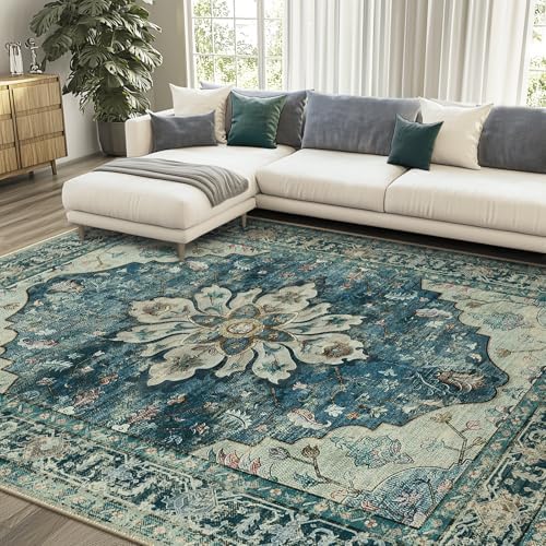 RELEANY Washable Area Rug, Large 9'x12', Blue/Vintage Dark Blue