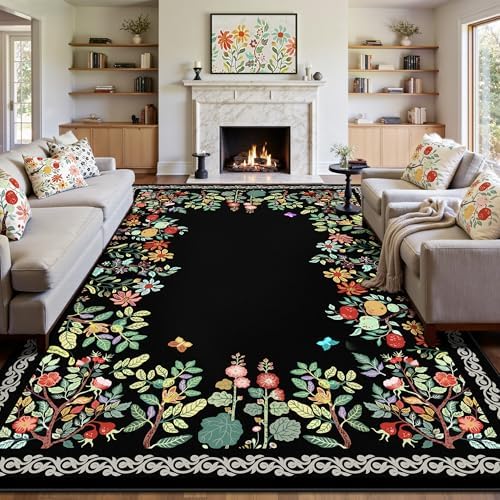 8x10 Area Rugs, Eco-Friendly Floral Washable Rug, Large Rugs for Living Room, Dining Room, Non-Slip Soft Durable Bedroom Rug（Black）