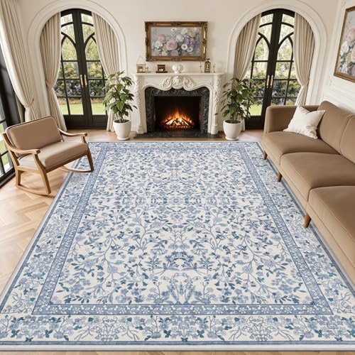 Area Rug 9x12 Living Room: Soft Floral Washable Boho Carpet Blue